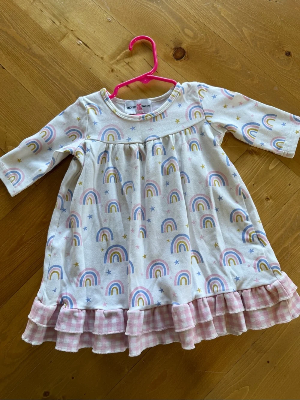 18 M Smocked sweets Rainbow Print Nightgown / Dress with Pink Gingham Ruffle